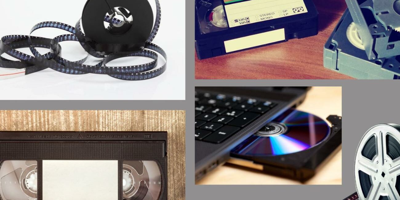 Des photos de cassettes vidéo, de CD et de bandes vidéo.