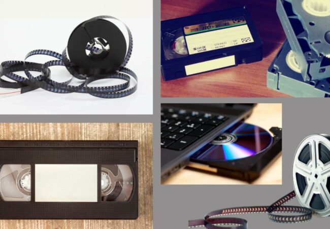 Des photos de cassettes vidéo, de CD et de bandes vidéo.